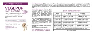 Vegepup serving size chart ranges for vegan puppies.